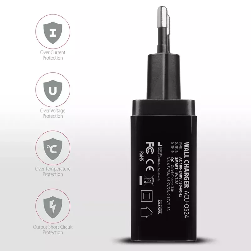 Axagon ACU-QS24 QUICK and SMART sienas lādētājs, 2x USB ports QC3.0/AFC/FCP + 5V-1.2A, 24W