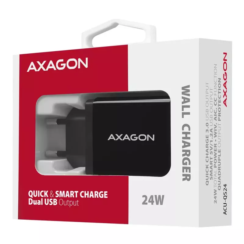Axagon ACU-QS24 QUICK and SMART sienas lādētājs, 2x USB ports QC3.0/AFC/FCP + 5V-1.2A, 24W