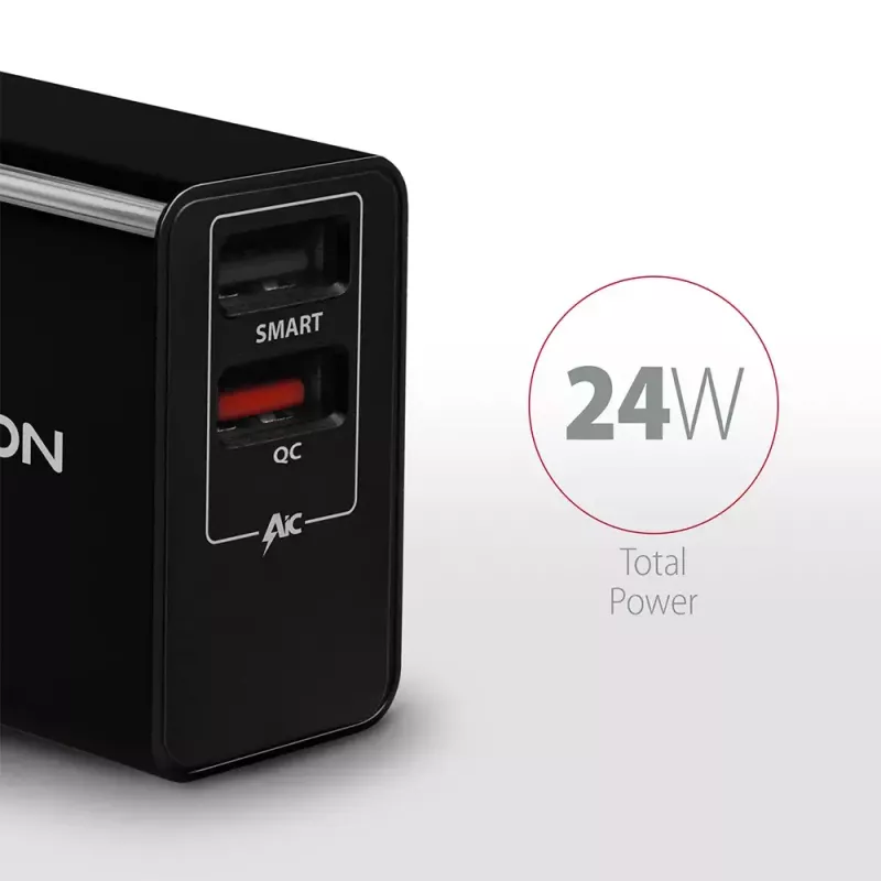 Axagon ACU-QS24 QUICK and SMART sienas lādētājs, 2x USB ports QC3.0/AFC/FCP + 5V-1.2A, 24W