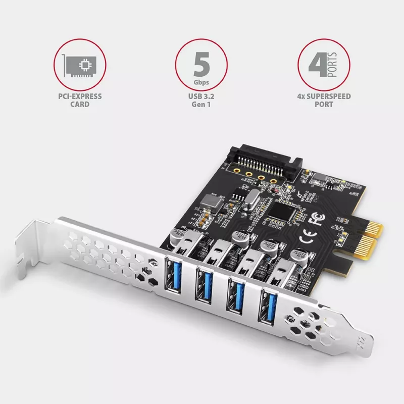 “Axagon PCEU-43RS” PCIe karte - 4x USB 5 Gbps ports, dubulta barošana, “Renesas PD720201”, SP un LP