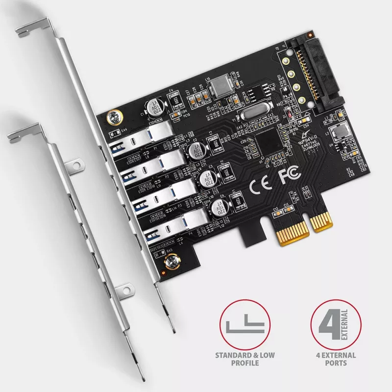 “Axagon PCEU-43RS” PCIe karte - 4x USB 5 Gbps ports, dubulta barošana, “Renesas PD720201”, SP un LP