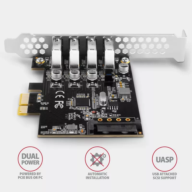 “Axagon PCEU-43RS” PCIe karte - 4x USB 5 Gbps ports, dubulta barošana, “Renesas PD720201”, SP un LP