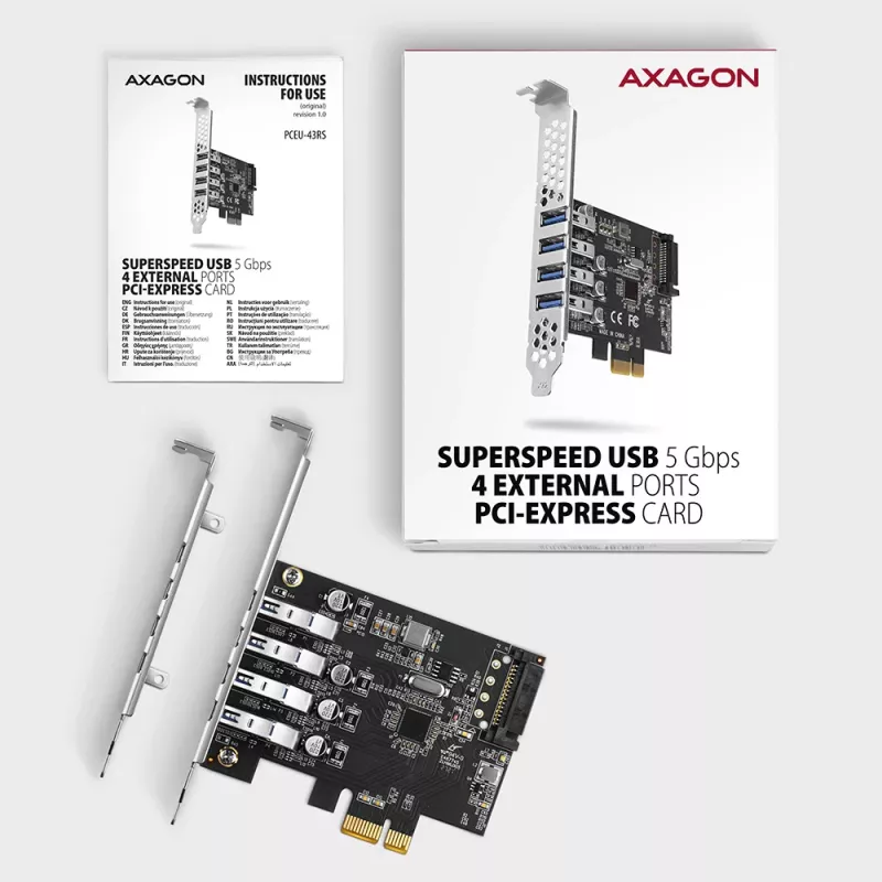“Axagon PCEU-43RS” PCIe karte - 4x USB 5 Gbps ports, dubulta barošana, “Renesas PD720201”, SP un LP
