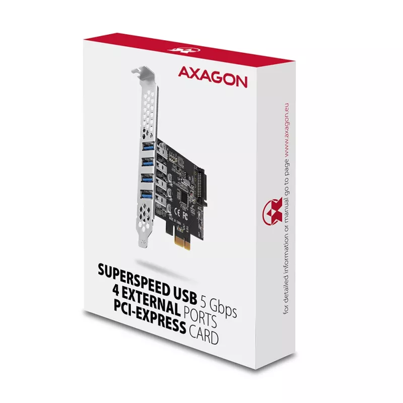 “Axagon PCEU-43RS” PCIe karte - 4x USB 5 Gbps ports, dubulta barošana, “Renesas PD720201”, SP un LP