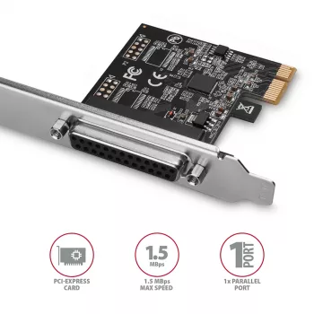 Axagon PCEA-P1N PCIe - 1x paralēlā porta adapteris ar SP & LP, PCIe, Paralēlais, Sieviešu dzimuma, Pilna augstuma / Zema profila, PCIe 2.0, Ķīna