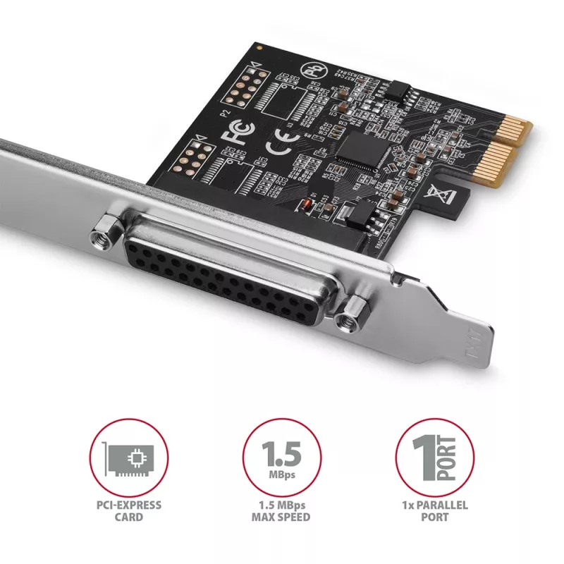 Axagon PCEA-P1N PCIe - 1x paralēlā porta adapteris ar SP & LP, PCIe, Paralēlais, Sieviešu dzimuma, Pilna augstuma / Zema profila, PCIe 2.0, Ķīna