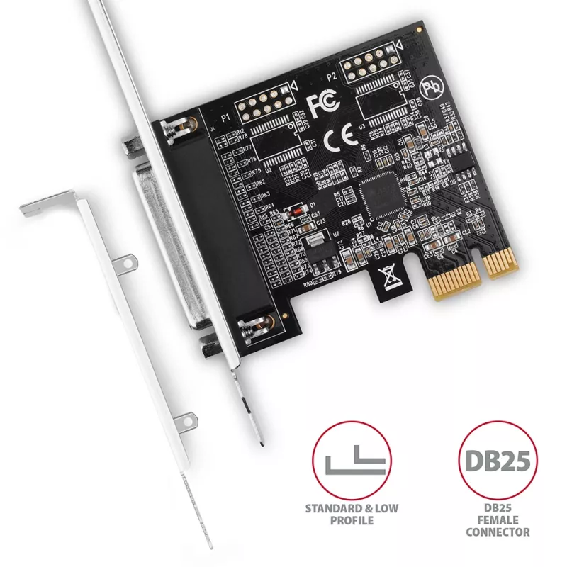 Axagon PCEA-P1N PCIe - 1x paralēlā porta adapteris ar SP & LP, PCIe, Paralēlais, Sieviešu dzimuma, Pilna augstuma / Zema profila, PCIe 2.0, Ķīna