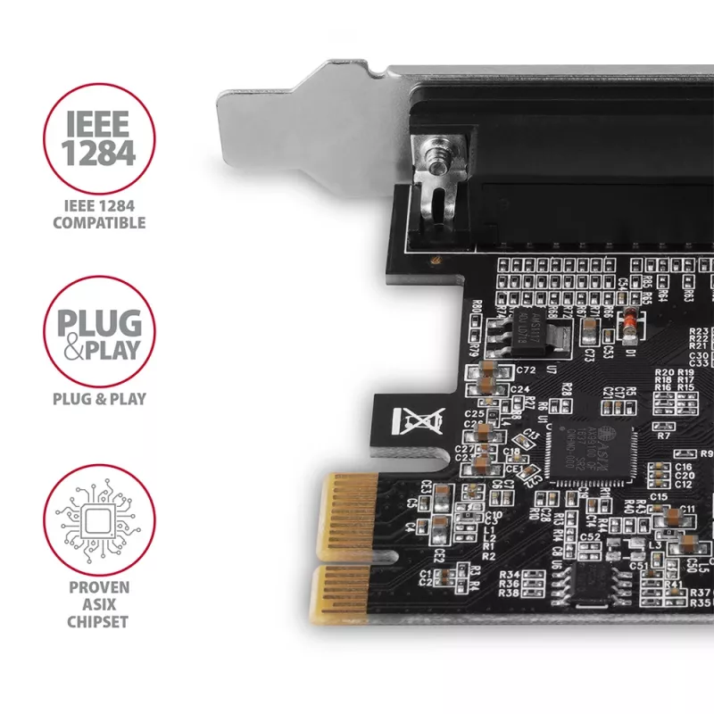 Axagon PCEA-P1N PCIe - 1x paralēlā porta adapteris ar SP & LP, PCIe, Paralēlais, Sieviešu dzimuma, Pilna augstuma / Zema profila, PCIe 2.0, Ķīna