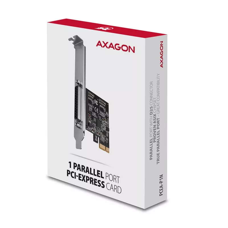 Axagon PCEA-P1N PCIe - 1x paralēlā porta adapteris ar SP & LP, PCIe, Paralēlais, Sieviešu dzimuma, Pilna augstuma / Zema profila, PCIe 2.0, Ķīna
