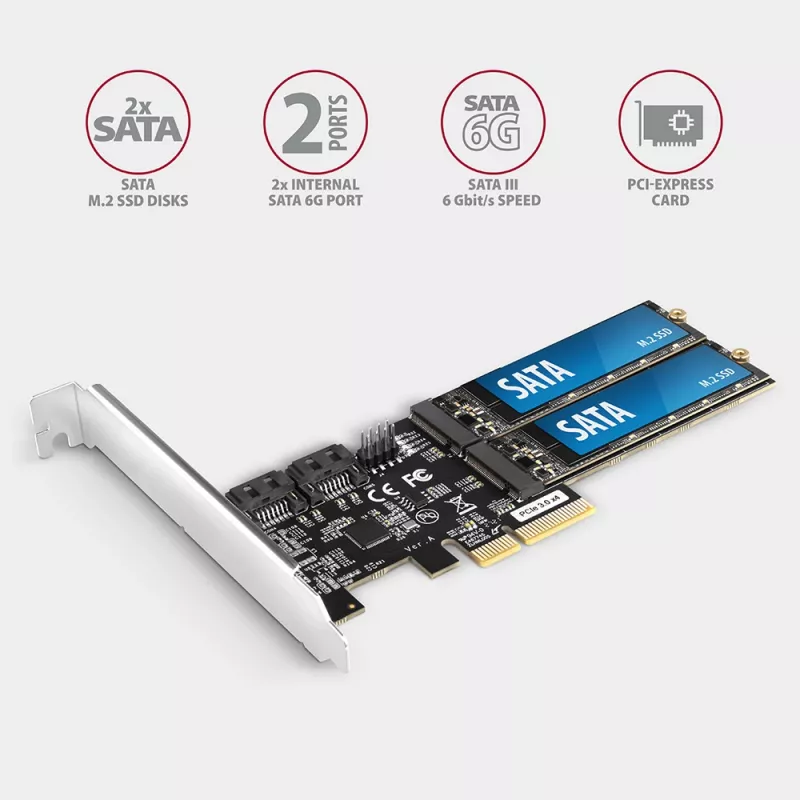 Axagon PCES-SA4M2 PCIe kontrolieris 2x iekšējais SATA 6G ports + M.2 B-key saskarnes kartes/adapteris M.2, SATA