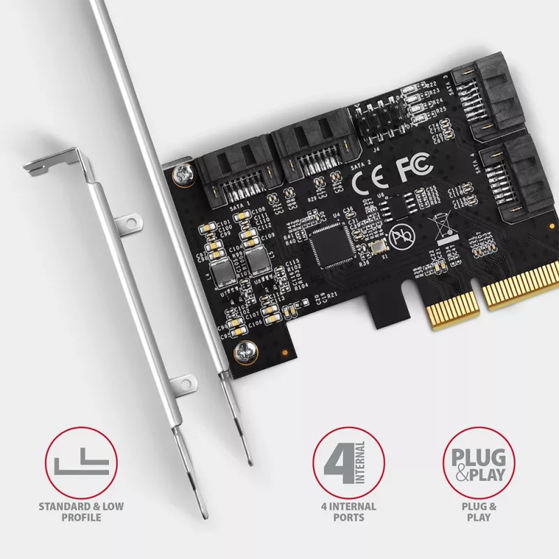 Axagon PCES-SA4X4 PCIe kontrolleris - 4x iekšējie SATA 6G porti, ASM1164, SP & LP