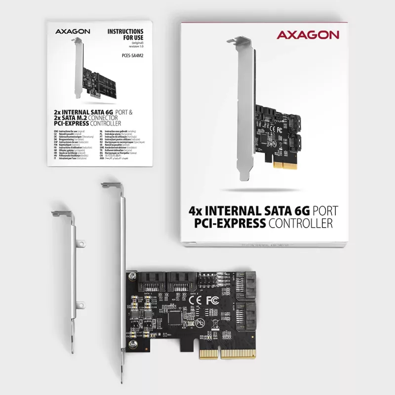 Axagon PCES-SA4X4 PCIe kontrolleris - 4x iekšējie SATA 6G porti, ASM1164, SP & LP