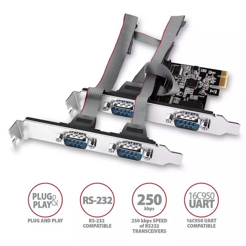 Axagon PCEA-S4N PCIe - 4x seriālā porta 250 kbp/s adapteris ar SP un LP kronšteiniem