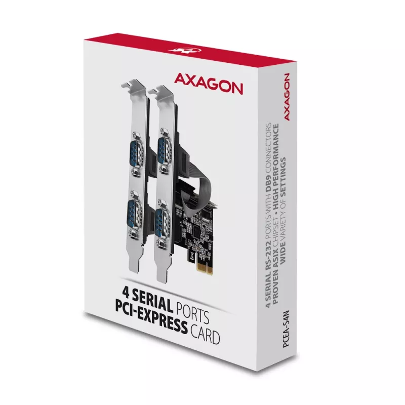 Axagon PCEA-S4N PCIe - 4x seriālā porta 250 kbp/s adapteris ar SP un LP kronšteiniem