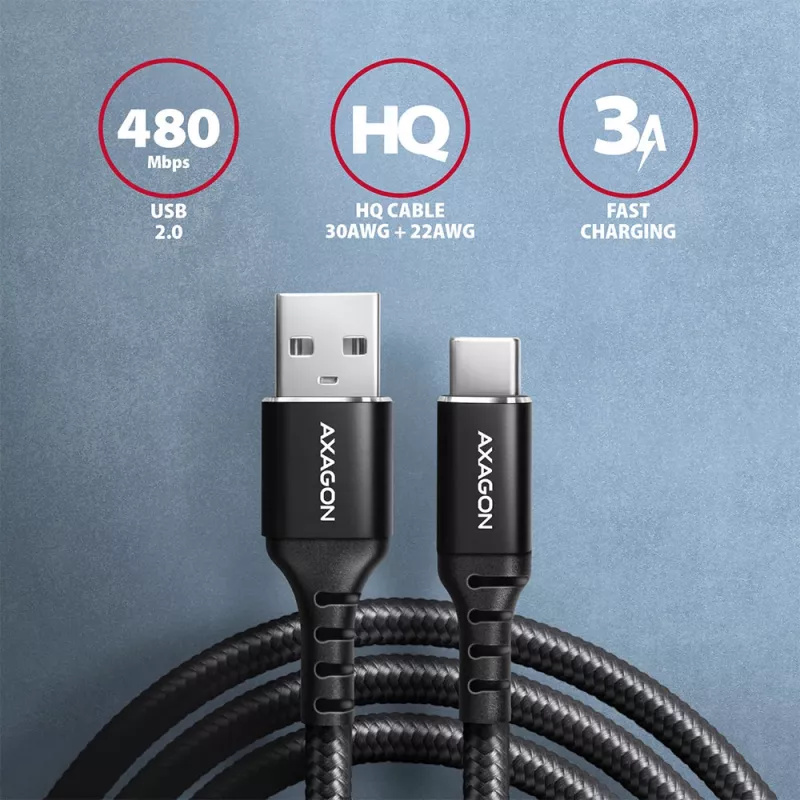 USB kabelis Axagon BUCM-AM20AB 2m USB A USB C Melns
