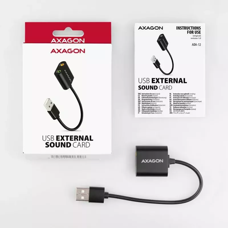 Ārējais USB audio adapteris AXAGON ADA-12 ar 1x 3,5 mm ligzdu austiņām un mikrofonam