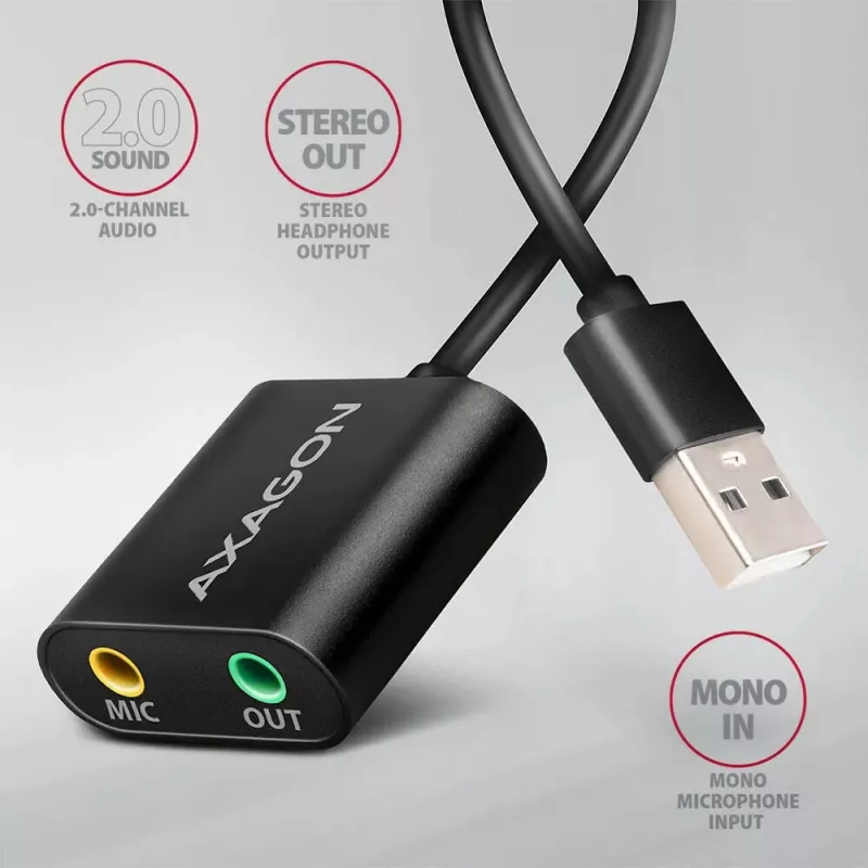 Ārējais USB audio adapteris AXAGON ADA-12 ar 1x 3,5 mm ligzdu austiņām un mikrofonam