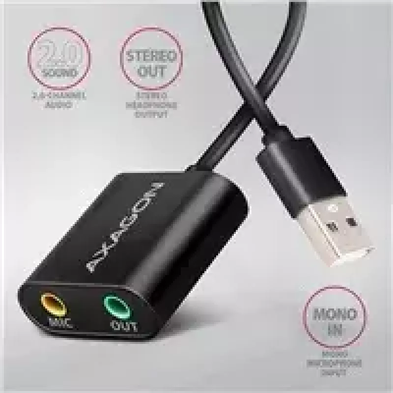 Ārējais USB audio adapteris AXAGON ADA-12 ar 1x 3,5 mm ligzdu austiņām un mikrofonam