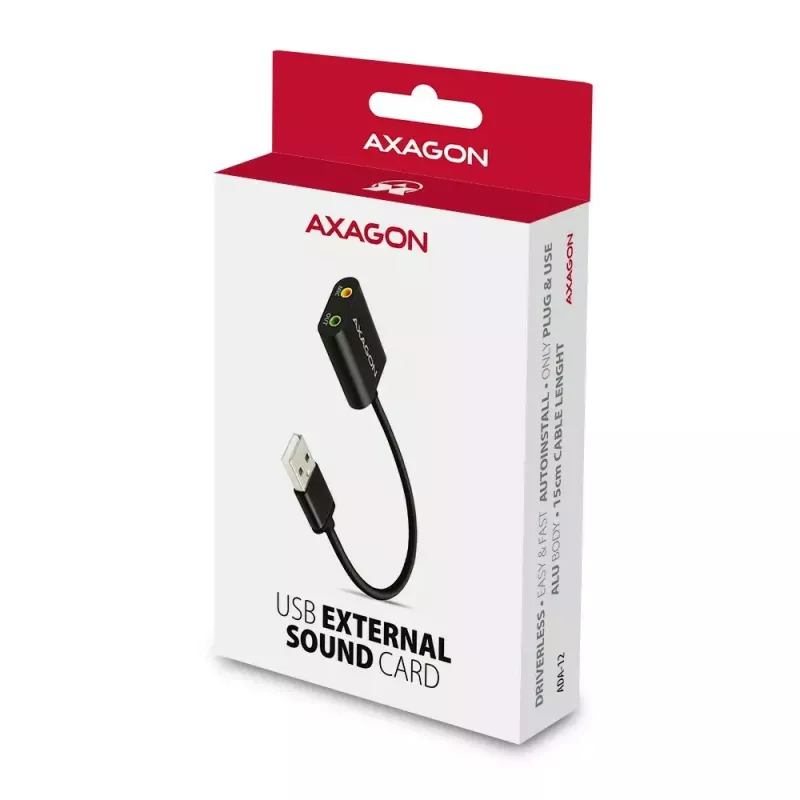Ārējais USB audio adapteris AXAGON ADA-12 ar 1x 3,5 mm ligzdu austiņām un mikrofonam