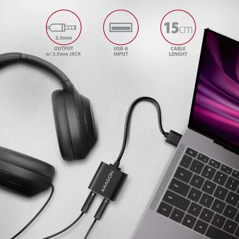 Ārējais USB audio adapteris AXAGON ADA-12 ar 1x 3,5 mm ligzdu austiņām un mikrofonam