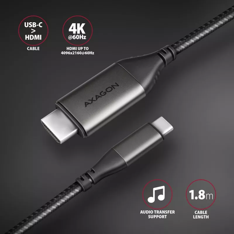 Axagon RVC-HI2MC USB-C -> HDMI 2.0a kabelis 1,8 m, 4K/60Hz HDR10