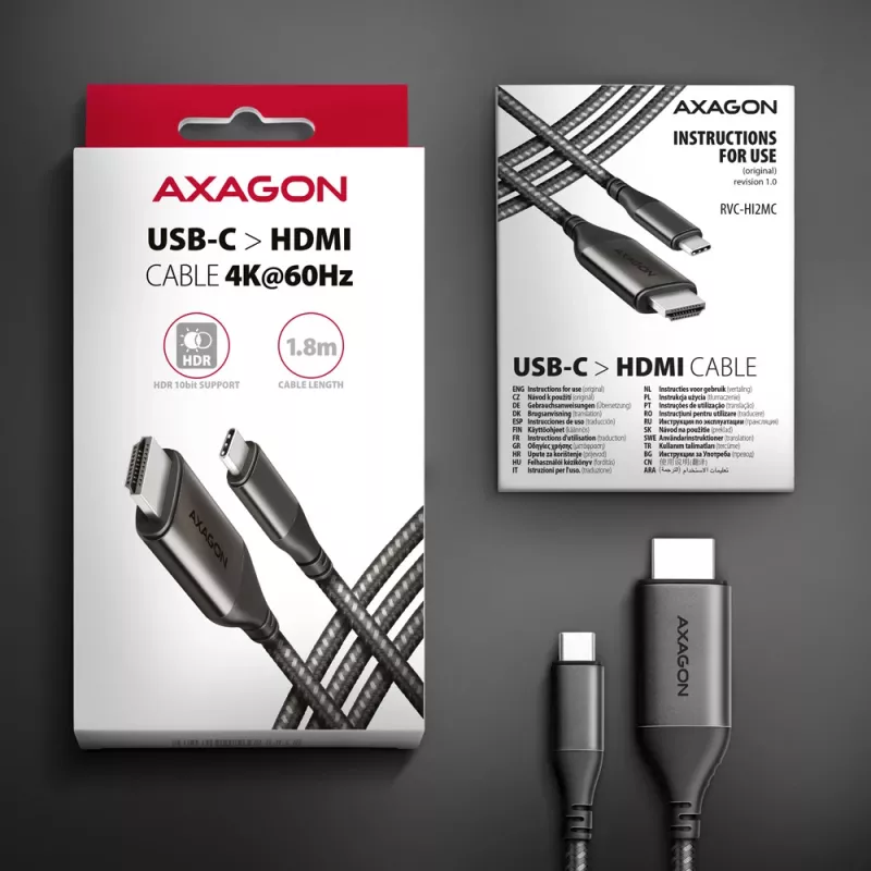 Axagon RVC-HI2MC USB-C -> HDMI 2.0a kabelis 1,8 m, 4K/60Hz HDR10
