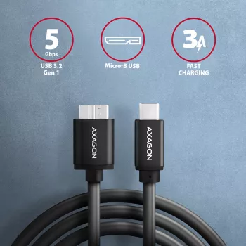 USB kabelis Axagon BUMM3-CM10AB Micro-USB B uz USB C 1m Melns