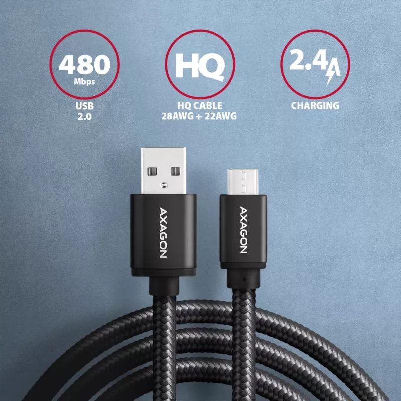 Axagon BUMM-AM10AB HQ kabelis Micro USB <-> USB-A, 1m, USB 2.0, 2,4A, ALU, pinums, melns