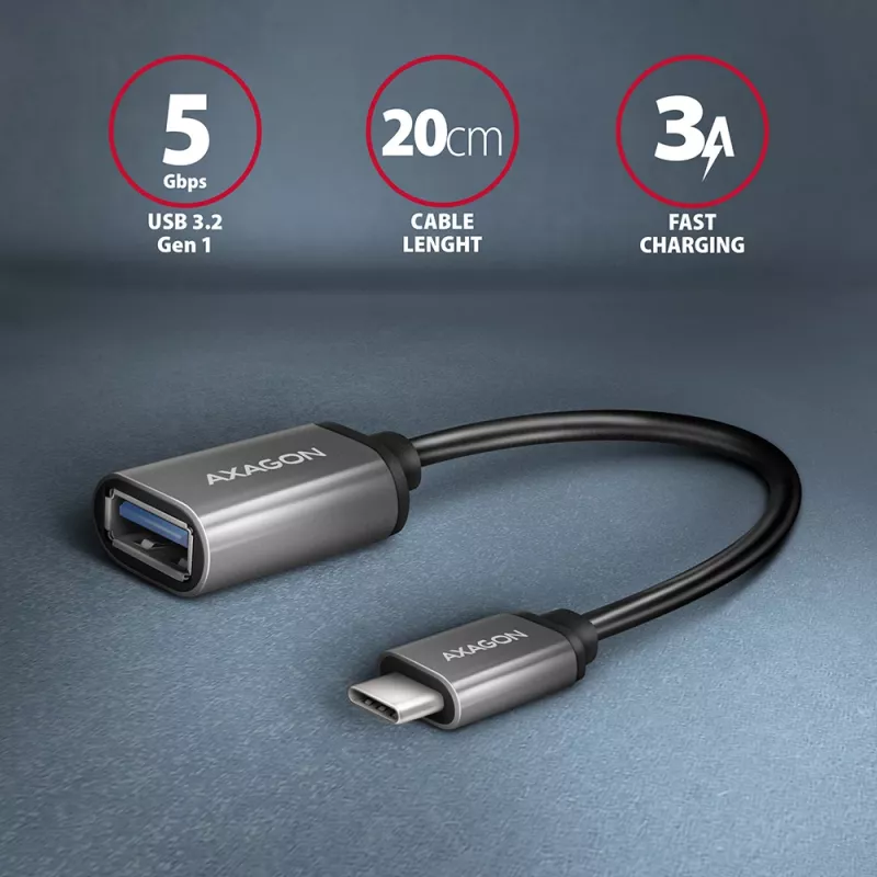 Axagon RUCM-AFAC kabeļa adapteris USB-C (V) -> USB-A (S), 20cm, USB 3.2 Gen 1, 3A, ALU