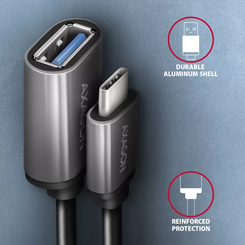 Axagon RUCM-AFAC kabeļa adapteris USB-C (V) -> USB-A (S), 20cm, USB 3.2 Gen 1, 3A, ALU