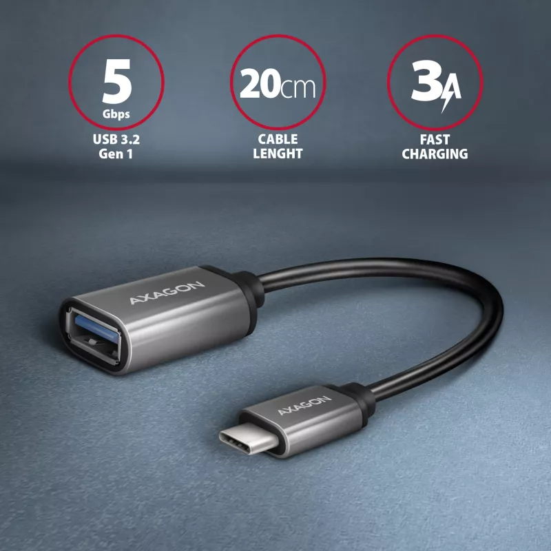 Axagon RUCM-AFAC kabeļa adapteris USB-C (V) -> USB-A (S), 20cm, USB 3.2 Gen 1, 3A, ALU