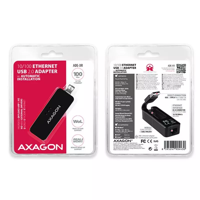AXAGON ADE-XR USB 2.0 Type-A Fast Ethernet 10/100 adapter, melns, 0,023 kg