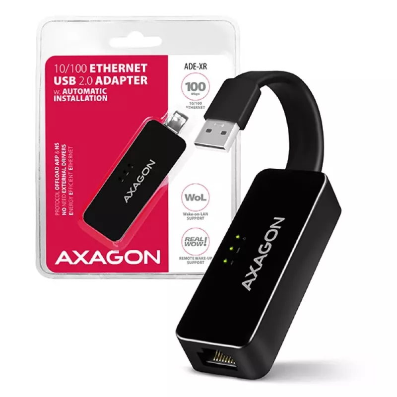 AXAGON ADE-XR USB 2.0 Type-A Fast Ethernet 10/100 adapter, melns, 0,023 kg