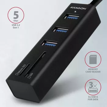 Axagon HMA-CR3A Metāla USB 3.2 Gen 1 vairāku portu centrmezgls ar trim USB portiem un karšu lasītāju