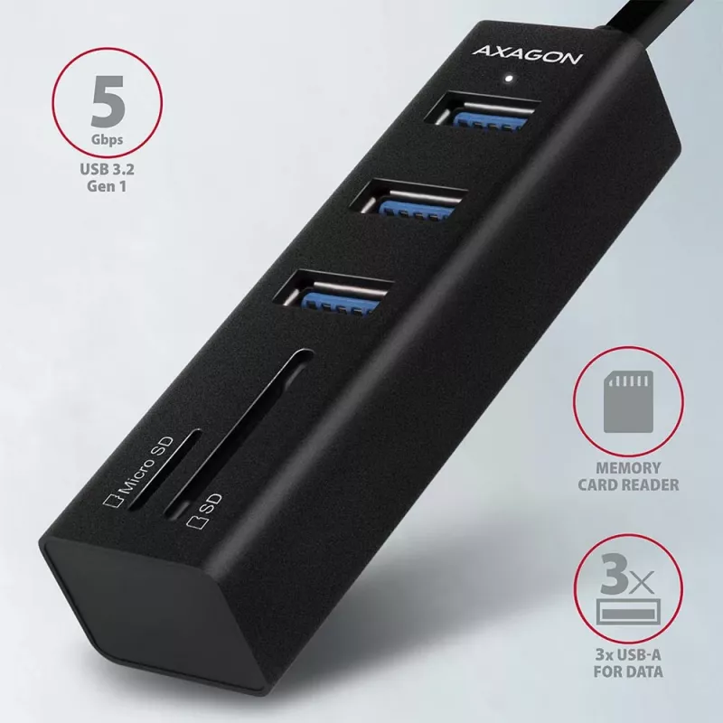 Axagon HMA-CR3A Metāla USB 3.2 Gen 1 vairāku portu centrmezgls ar trim USB portiem un karšu lasītāju