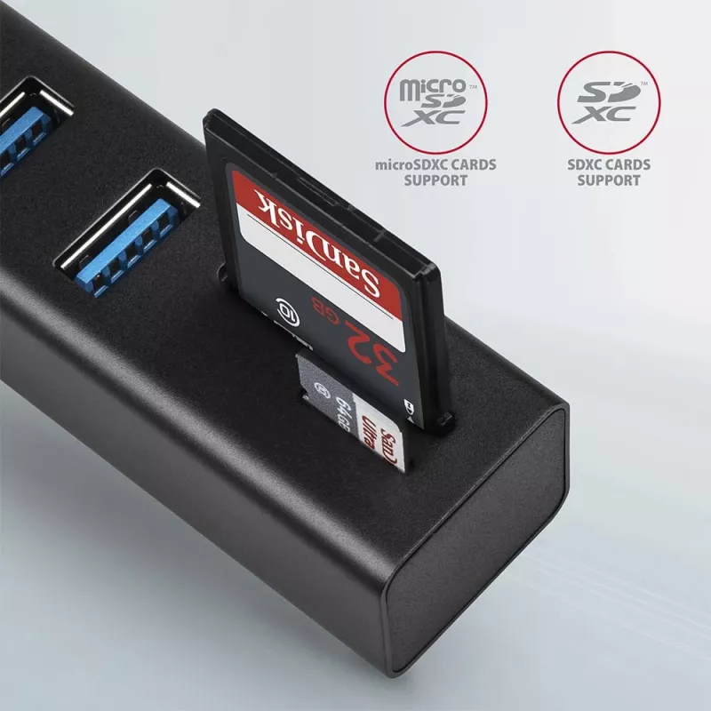 Axagon HMA-CR3A Metāla USB 3.2 Gen 1 vairāku portu centrmezgls ar trim USB portiem un karšu lasītāju