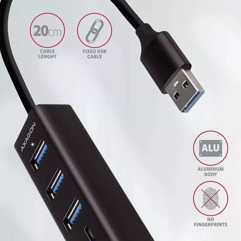 Axagon HMA-CR3A Metāla USB 3.2 Gen 1 vairāku portu centrmezgls ar trim USB portiem un karšu lasītāju