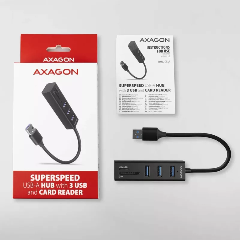 Axagon HMA-CR3A Metāla USB 3.2 Gen 1 vairāku portu centrmezgls ar trim USB portiem un karšu lasītāju