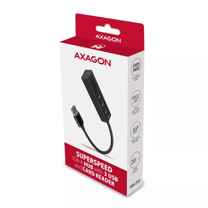 Axagon HMA-CR3A Metāla USB 3.2 Gen 1 vairāku portu centrmezgls ar trim USB portiem un karšu lasītāju