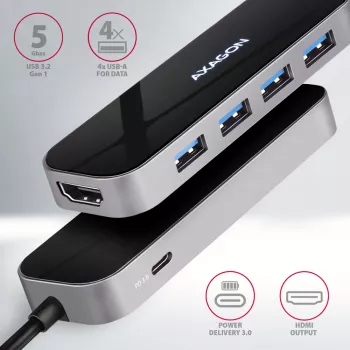 Axagon HMC-6H4A USB 3.2 Gen 1 centrmezgls, 4x USB-A, HDMI 4k/30Hz, PD 100W, 20cm USB-C kabelis