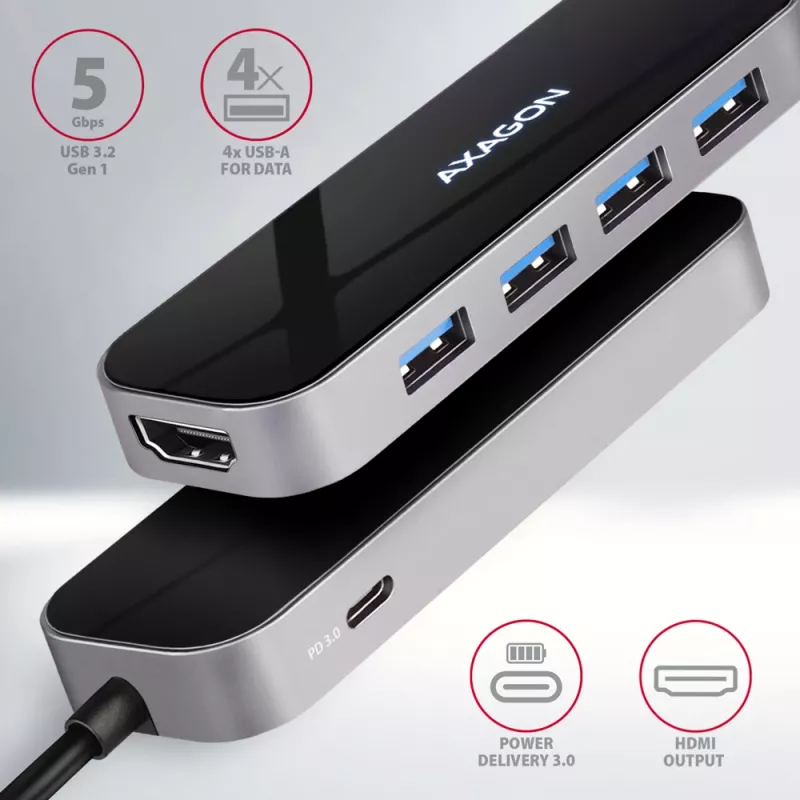 Axagon HMC-6H4A USB 3.2 Gen 1 centrmezgls, 4x USB-A, HDMI 4k/30Hz, PD 100W, 20cm USB-C kabelis