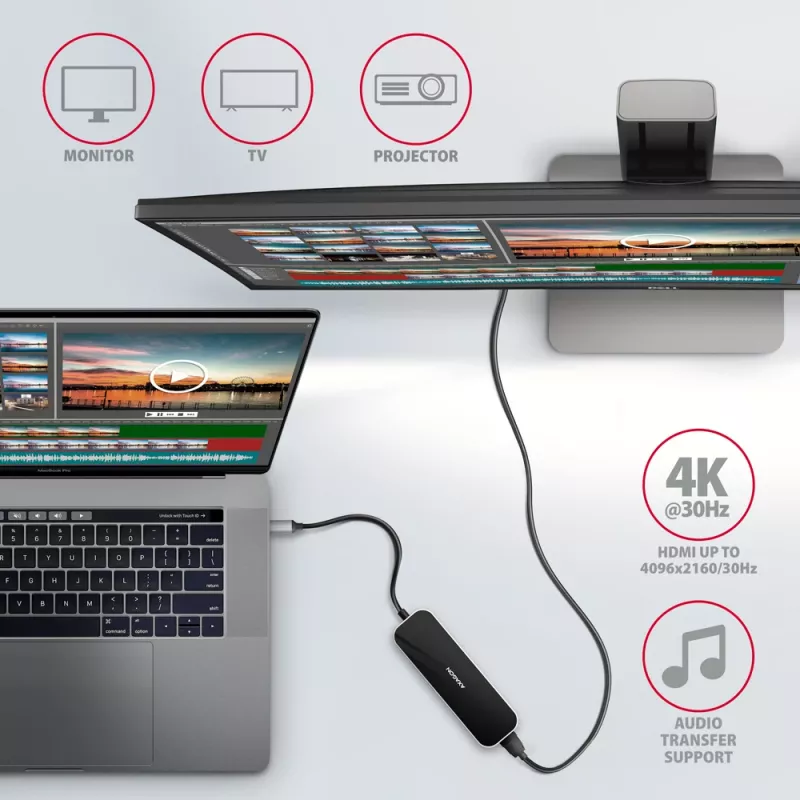Axagon HMC-6H4A USB 3.2 Gen 1 centrmezgls, 4x USB-A, HDMI 4k/30Hz, PD 100W, 20cm USB-C kabelis
