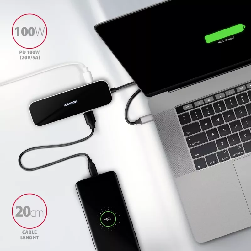 Axagon HMC-6H4A USB 3.2 Gen 1 centrmezgls, 4x USB-A, HDMI 4k/30Hz, PD 100W, 20cm USB-C kabelis