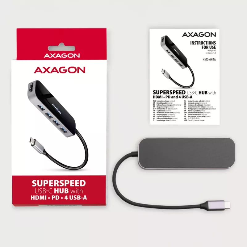Axagon HMC-6H4A USB 3.2 Gen 1 centrmezgls, 4x USB-A, HDMI 4k/30Hz, PD 100W, 20cm USB-C kabelis