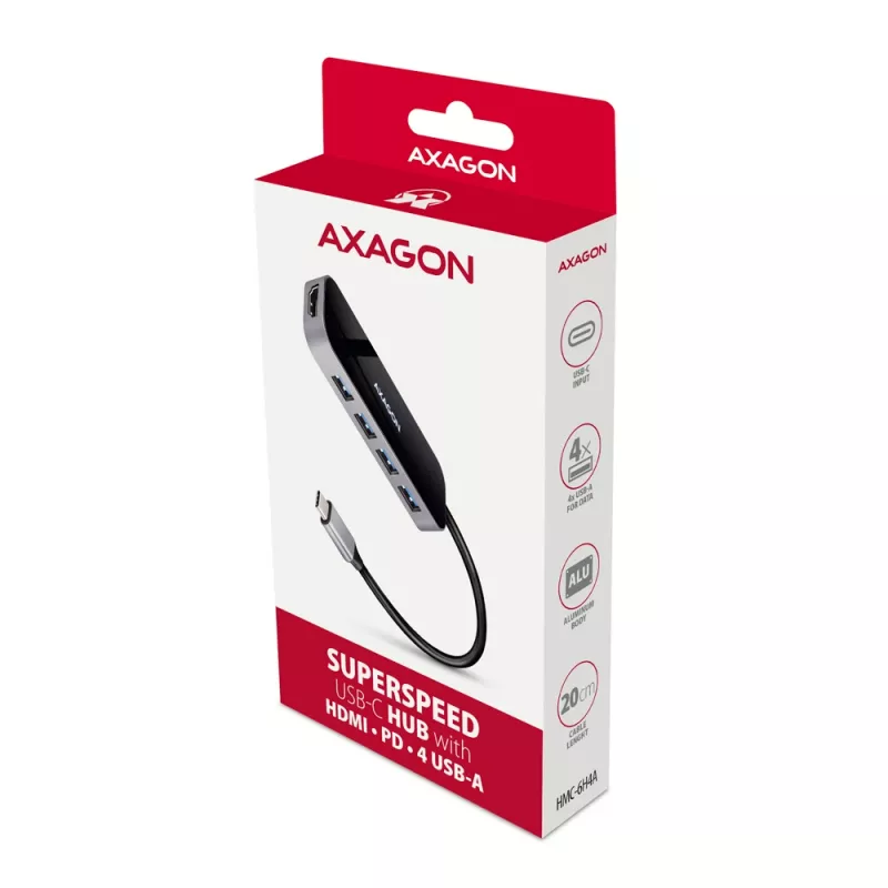 Axagon HMC-6H4A USB 3.2 Gen 1 centrmezgls, 4x USB-A, HDMI 4k/30Hz, PD 100W, 20cm USB-C kabelis