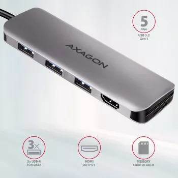 Axagon HMC-HCR3A 3x USB-A+ HDMI+ SD/microSD USB-C 3.2 Gen 1 centrmezgls 20cm Vadu USB 3.2 Gen 1 (3.1 Gen 1) Type-C Pelēks