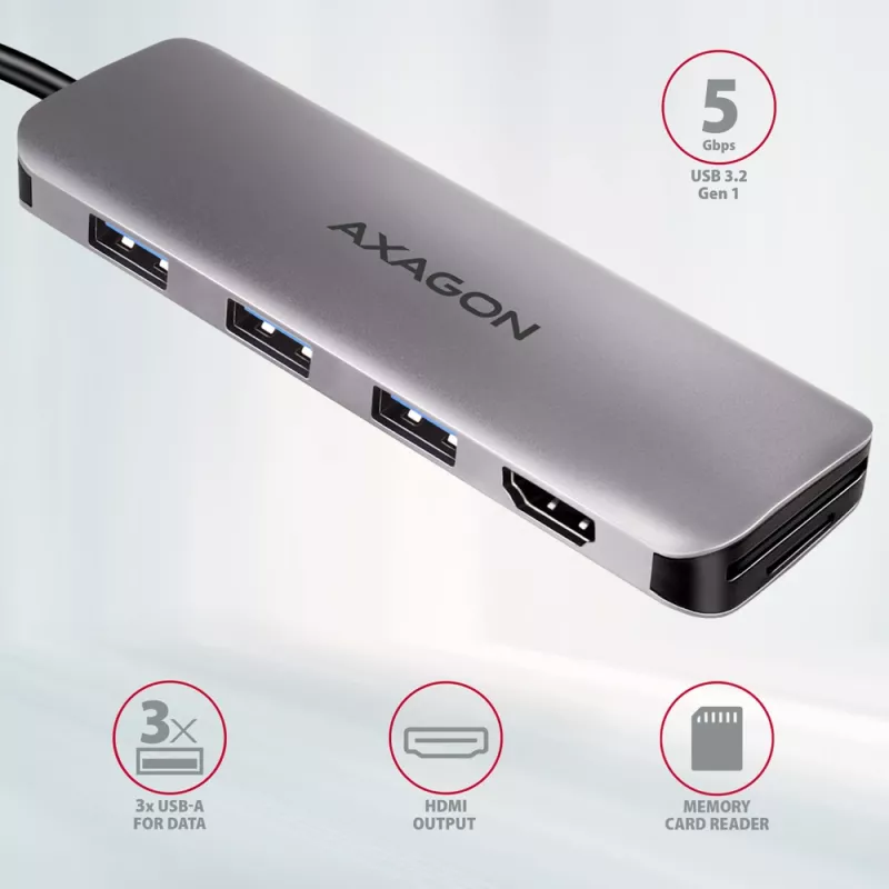 Axagon HMC-HCR3A 3x USB-A+ HDMI+ SD/microSD USB-C 3.2 Gen 1 centrmezgls 20cm Vadu USB 3.2 Gen 1 (3.1 Gen 1) Type-C Pelēks