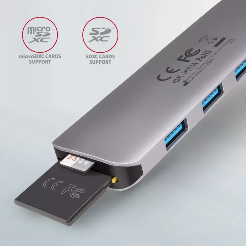 Axagon HMC-HCR3A 3x USB-A+ HDMI+ SD/microSD USB-C 3.2 Gen 1 centrmezgls 20cm Vadu USB 3.2 Gen 1 (3.1 Gen 1) Type-C Pelēks