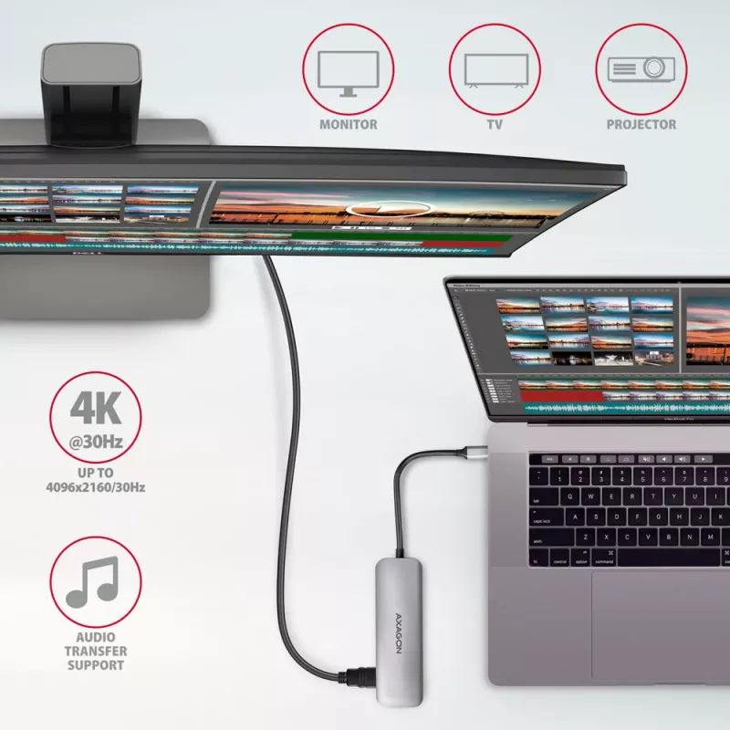 Axagon HMC-HCR3A 3x USB-A+ HDMI+ SD/microSD USB-C 3.2 Gen 1 centrmezgls 20cm Vadu USB 3.2 Gen 1 (3.1 Gen 1) Type-C Pelēks