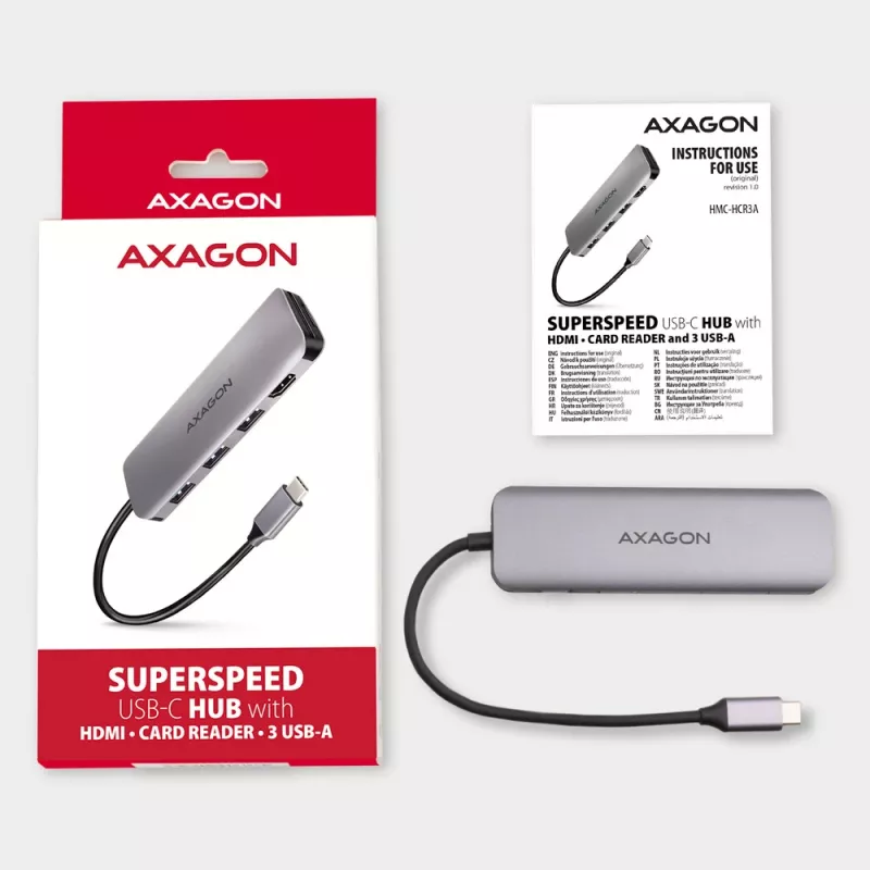 Axagon HMC-HCR3A 3x USB-A+ HDMI+ SD/microSD USB-C 3.2 Gen 1 centrmezgls 20cm Vadu USB 3.2 Gen 1 (3.1 Gen 1) Type-C Pelēks